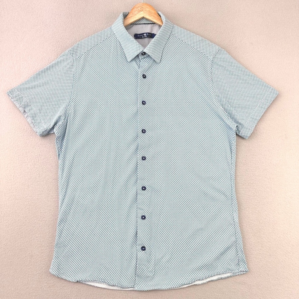 Stone Rose Shirt Mens L Blue Short Sleeve Button‎ Up Stretch Office Career